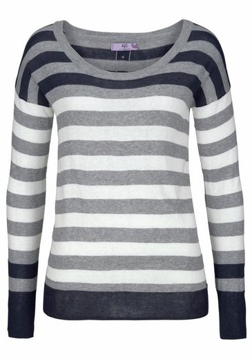 AJC Streifenpullover mit Zierknopfleiste, in Blau-Weiß-Grau, Größe 40/42
