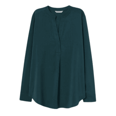 Dame Langarm Crêpe-Bluse mit V-Ausschnitt u. Stehkragen in Dunkelgrün, Größe 36