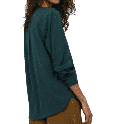 Dame Langarm Crêpe-Bluse mit V-Ausschnitt u. Stehkragen in Dunkelgrün, Größe 36 – Bild 2