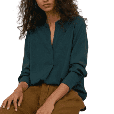 Dame Langarm Crêpe-Bluse mit V-Ausschnitt u. Stehkragen in Dunkelgrün, Größe 36 – Bild 3