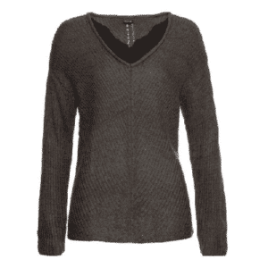 Damen Pullover mit Spitze, Strickpullover in anthrazit meliert, Größe 40/42
