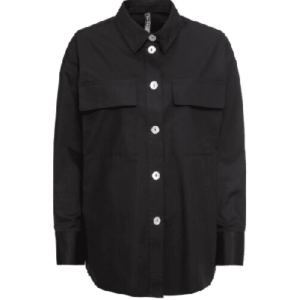 Hochmodische schwarze Langarm Bluse mit großen Knöpfen, Größe M