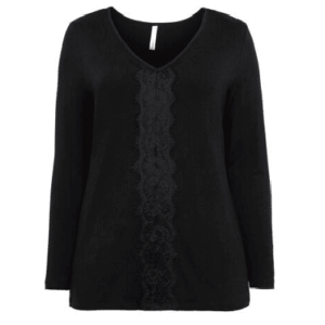 sheeGO Langarmshirt, Spitzendetail, V-Ausschnitt, Schlitze, schwarz, Gr.44/46